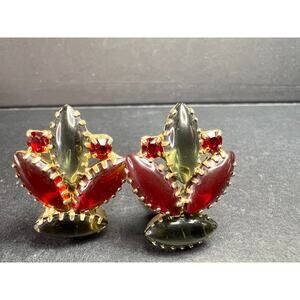 Vintage Juliana D&E Red and Smoked Glass Marquise Rhinestone Clip On Earrings